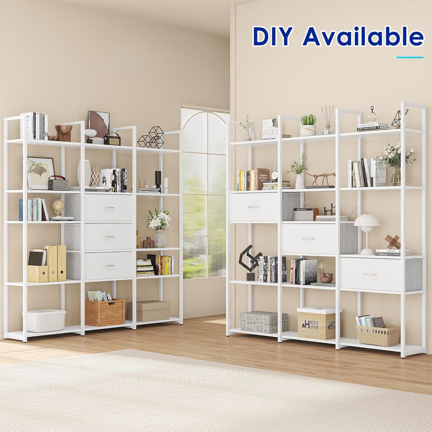 73.6" Tall Bookshelf with 3 Drawers and 16 Storage Shelves, Industrial Bookcase with 16 Open Display Shelves, Large Etagere Bookshelf, Triple Wide Book Shelf Book Case for Home & Office, White