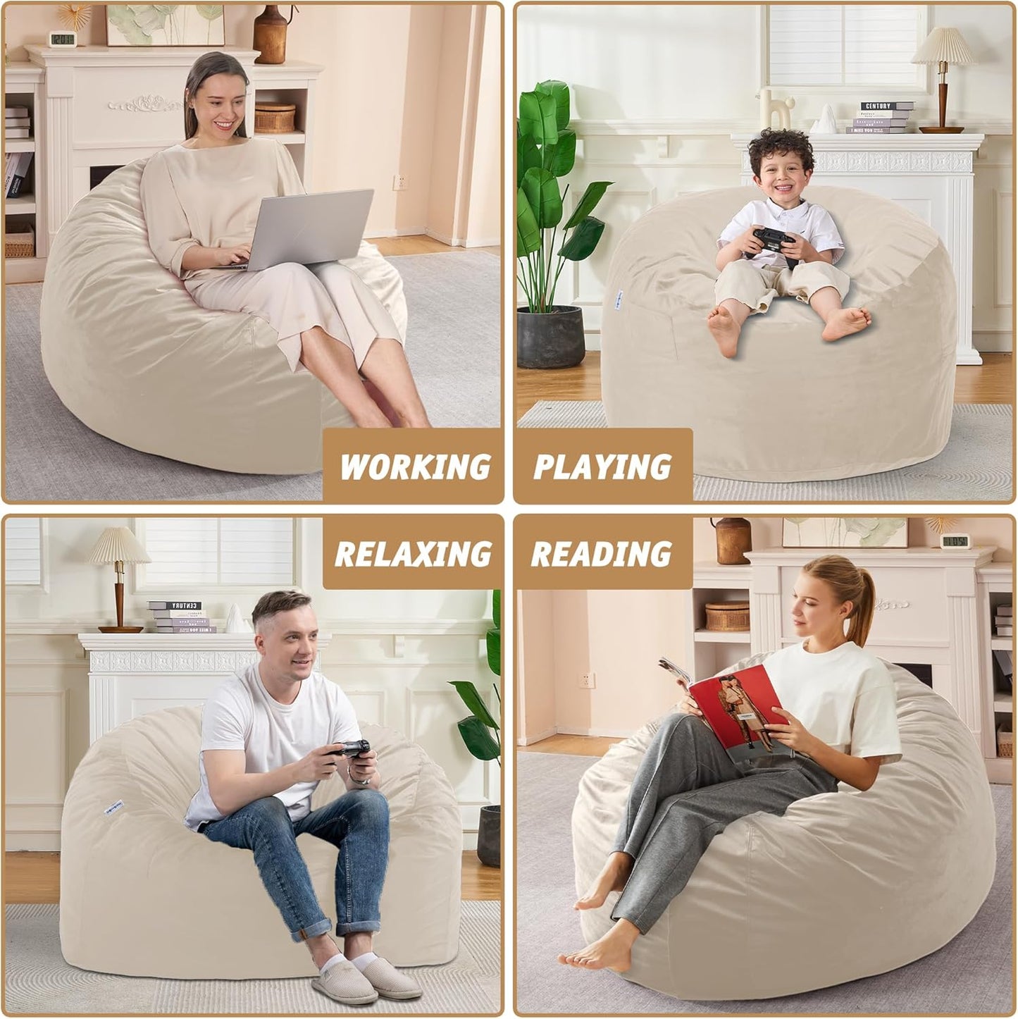3FT Bean Bag Chair with Ultra Soft Velvet Cover Bean Bag Sofa with Memory Foam Bean Bag Chairs with Large Size Lazy Sofa for Dorm Office Living Room Bedroom Beige 3'