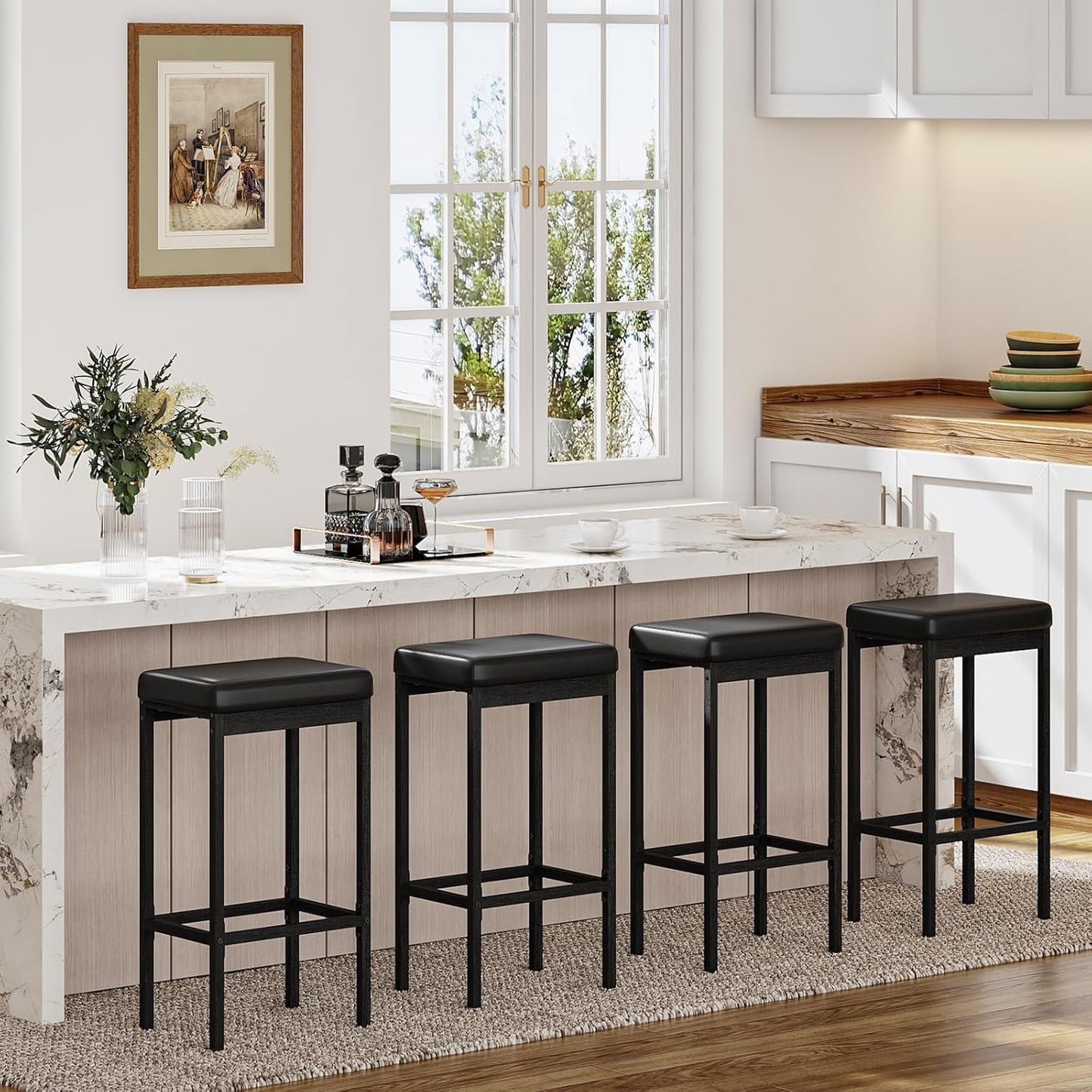 HOOBRO Bar Stools, Set of 4 Bar Chairs, 24.8-Inch Height Stools, Breakfast Bar Stools, Kitchen Stools, 2" Thick Upholstery, for Kitchen, Dining Room, Cafe, Bar Counter, Black BB21BYP401