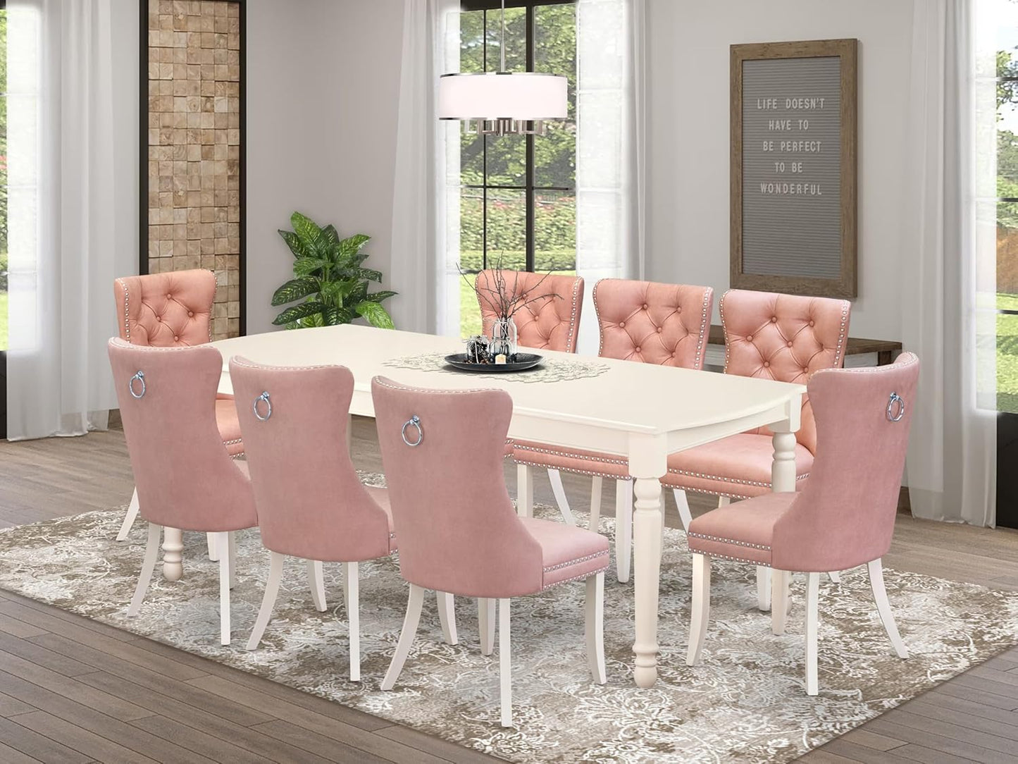 East West Furniture DODA9-LWH-23 9 Piece Kitchen Set Contains a Rectangle Dining Table with Butterfly Leaf and 8 Polyester Fabric Upholstered Chairs, Linen White