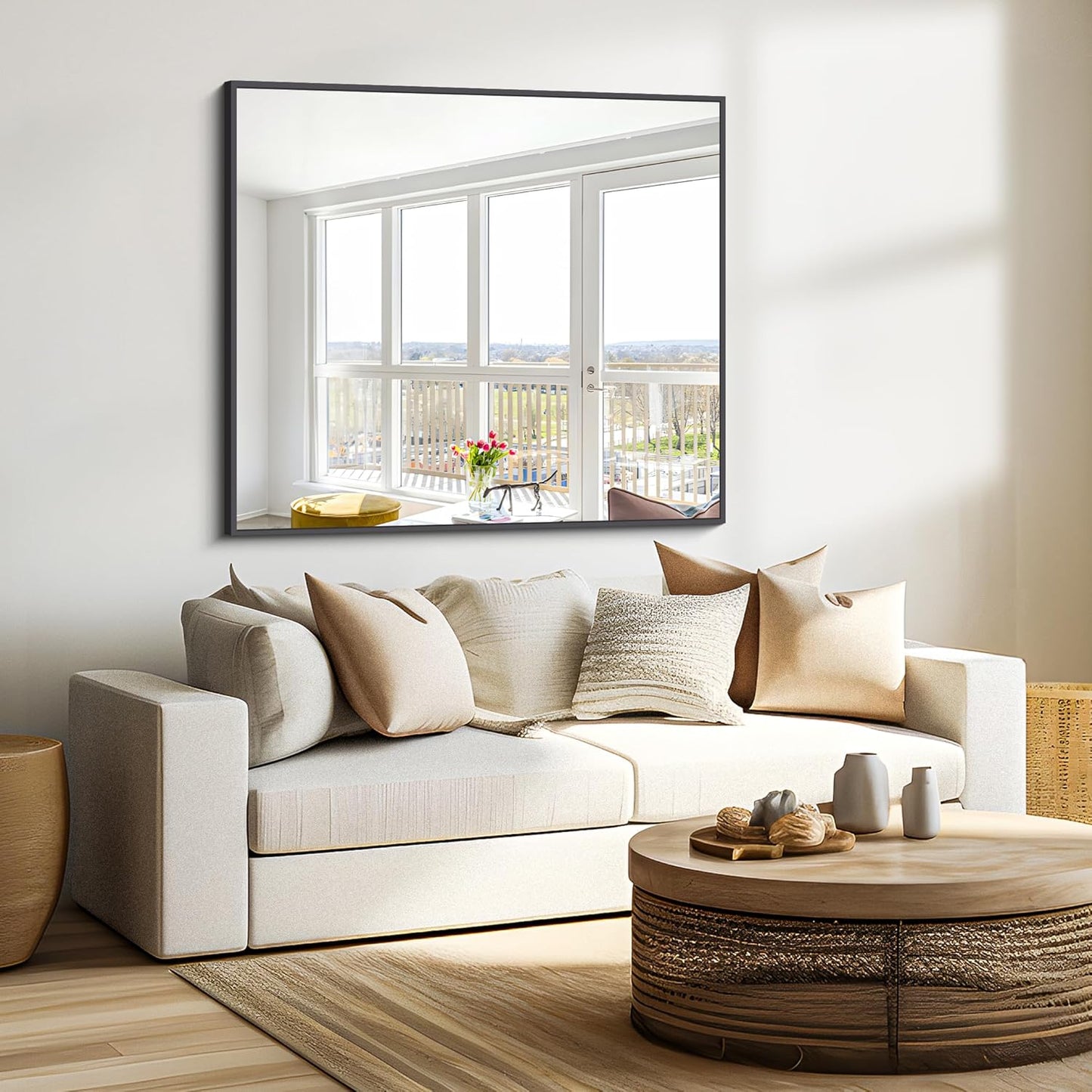 BONEWEI Bathroom Mirror,36x40 inch Wall Mirror for Bathroom Wall Mounted Black Rectangle Square Corner Mirrors, Black Bathroom Mirror for Living Room, Farmhouse, Bedroom Entryway, Horizontal/Vertical