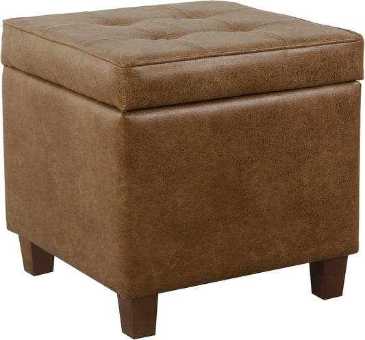 HomePop Square Tufted Storage Ottoman - Distressed Brown Faux Leather Small