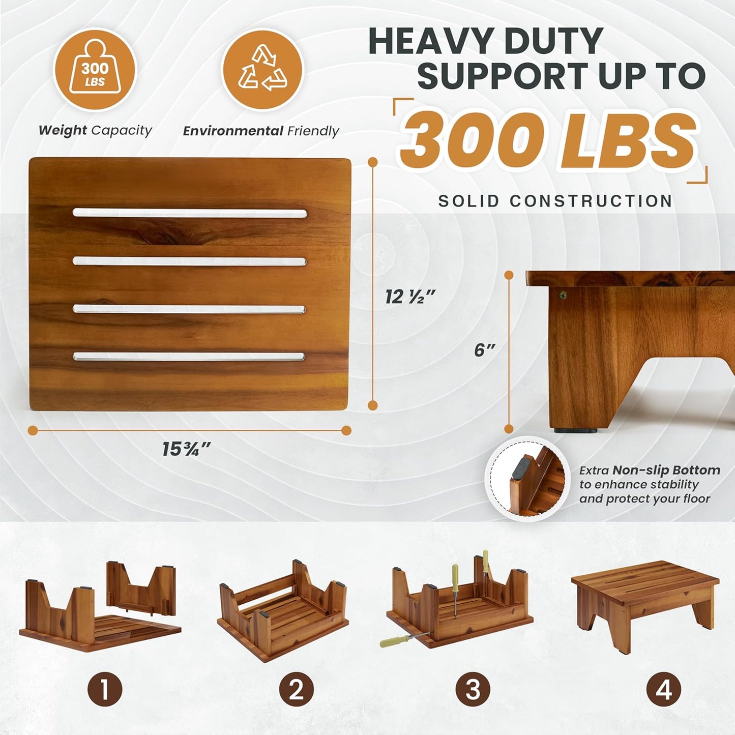 Holana 6" Acacia Wood One Step Stool for Adults - 300 Lbs Wooden Step Stools Heavy Duty for High Bed Riser, Bathroom, Bedroom - Small Stepping Stool for Elderly, Seniors, Kids, Handicap Use Indoor