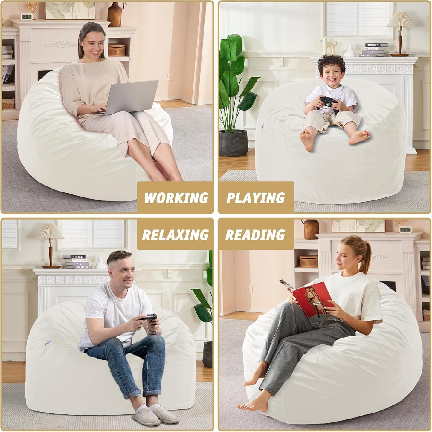 3FT Bean Bag Chair with Ultra Soft Velvet Cover Bean Bag Sofa with Memory Foam Bean Bag Chairs with Large Size Lazy Sofa for Dorm Office Living Room Bedroom Off White 3'