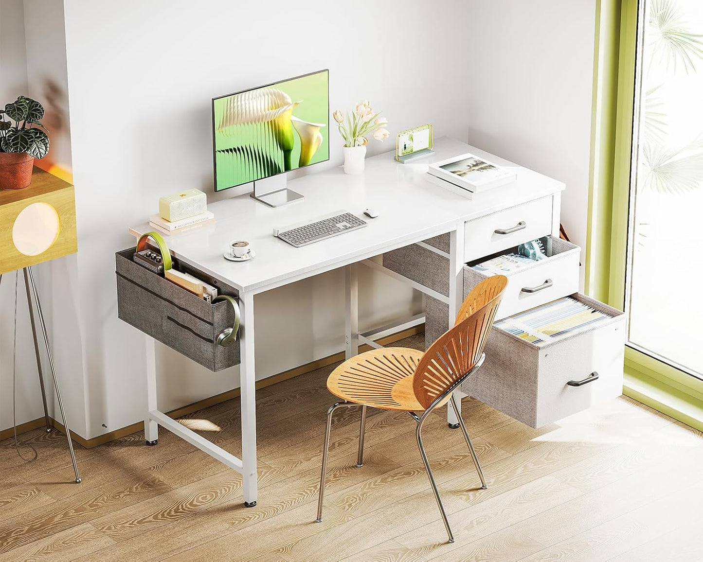 Casaottima 40 Inch Small Home Office Computer Desk for Bedroom with Fabric Drawers & File Cabinet, Cloth Storage Bag and Hook, Writing Study Work Desk for Small Space, Snow White