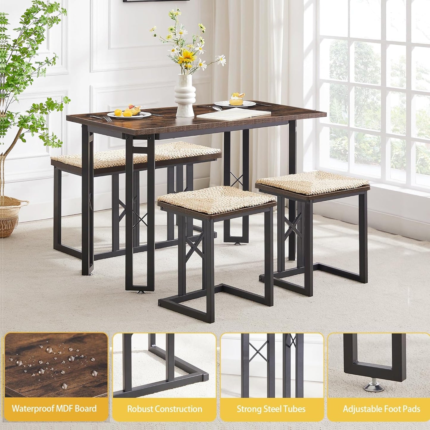VECELO 43.3" Dining Table Sets, Farmhouse Small Kitchen Table for 4 with 3 Benches Wicker Mats,Metal Frame Space-Saving Adjustable Feets Coffee Table for Home Kitchen Dining, Dark Brown