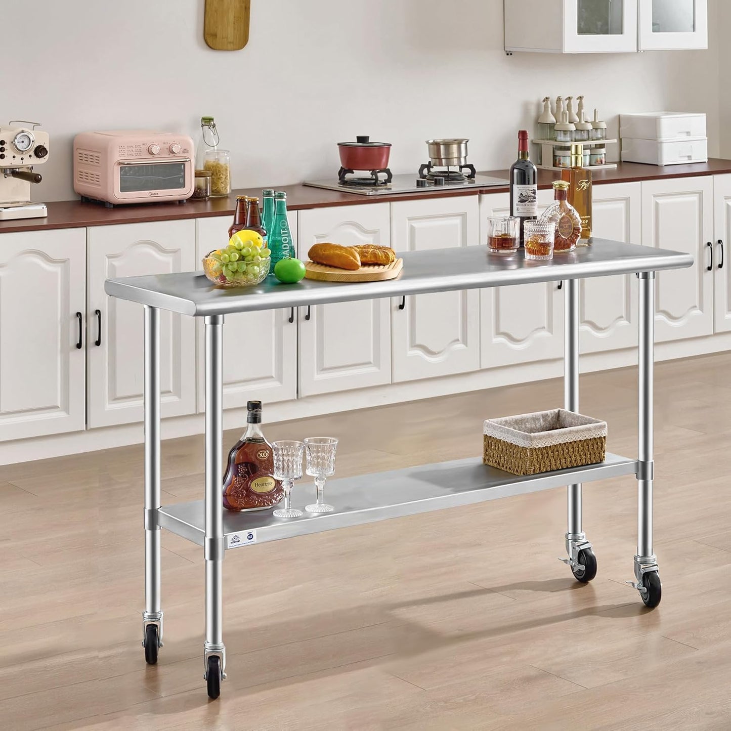 ROCKPOINT Stainless Steel Table for Prep & Work with Caster Wheels 14x72 Inches, NSF Metal Commercial Kitchen Heavy Duty Table with Adjustable Under Shelf and Table Foot for Restaurant, Home and Hotel