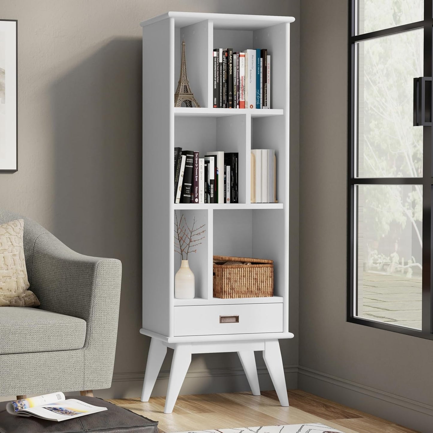 SIMPLIHOME Draper Solid Hardwood 64 inch x 22 inch Mid Century Modern Bookcase and Storage Unit in White for The Living Room, Study Room and Office
