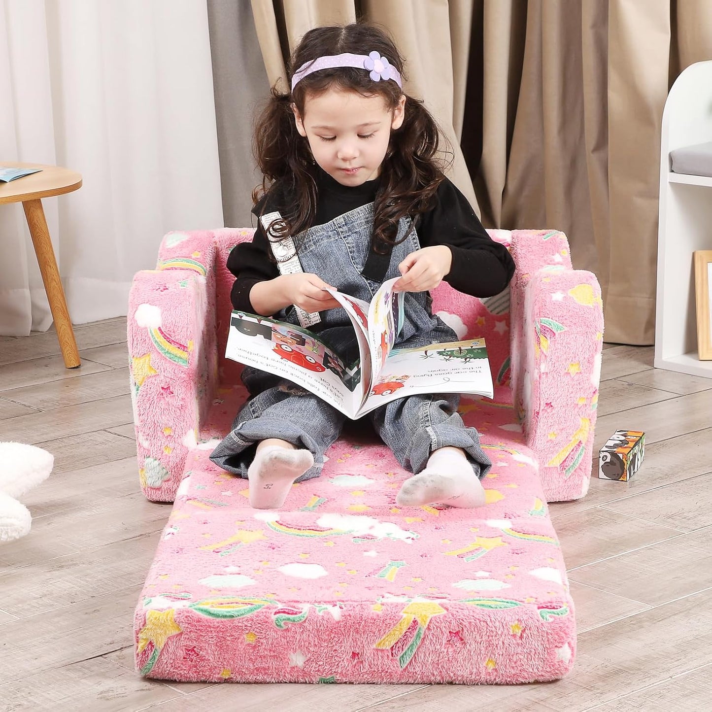 Unicorn Glow in The Dark Toddler Couch, 2-in-1 Toddler Soft Couch Fold Out with Star Pillow, Convertible Sofa to Lounger for Girls and Boys, 1-Seat