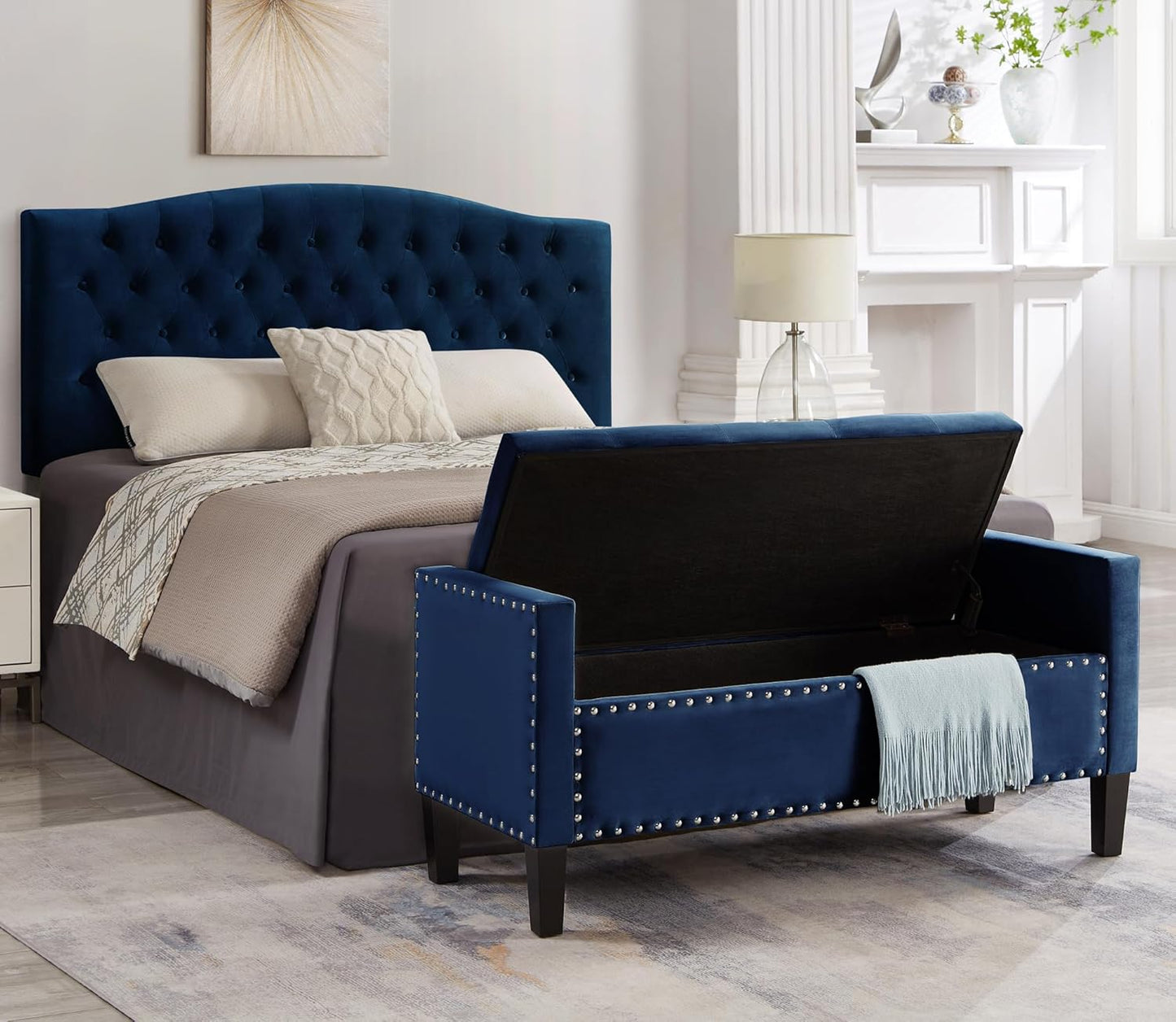 Velvet Storage Ottoman with Armrests and Nails Trim,Entryway Living Room Soft Padded Seat,Bed Bench Bedroom End of Bed,Navy (48”L X 18.5” W X 22” H)