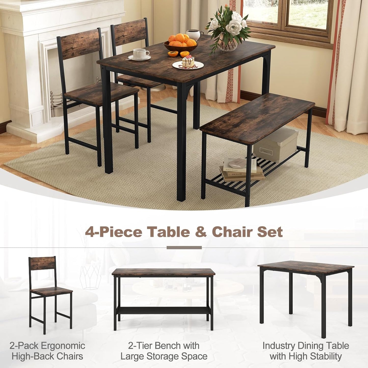 Giantex Dining Table Set for 4, Kitchen Table with Bench and Chairs, Industrial Gathering Bench Dining Set W/Metal Frame & Storage Rack, Dinette Set, Modern Functional Desk Set (Coffee)