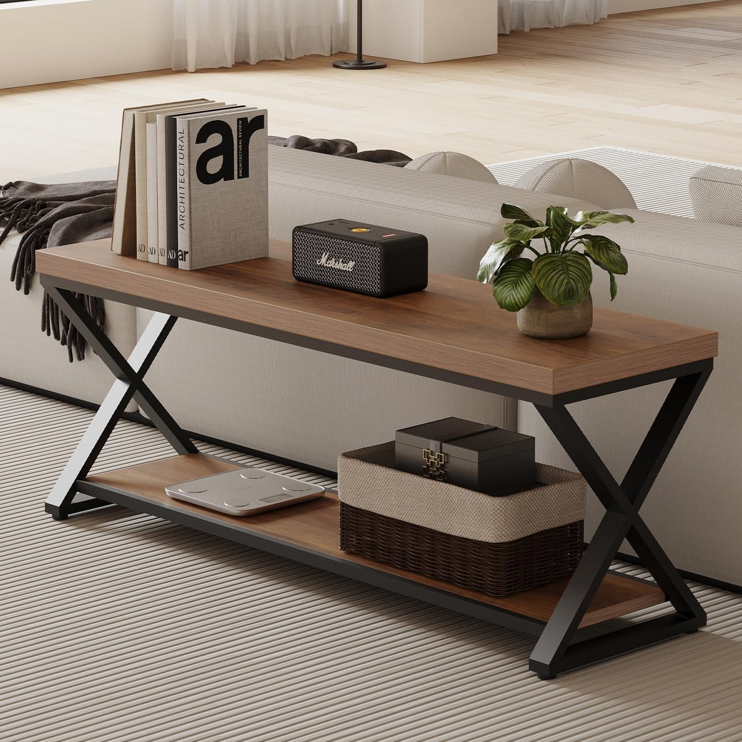 IBF Wood Entryway Bench, Wooden and Metal Bedroom Indoor Bench, Industrial Shoe Bench with Storage and Seating, Farmhouse Entry Bench for Foyer Entrance Hallway Living Dining Room, Rustic Oak, 47 Inch