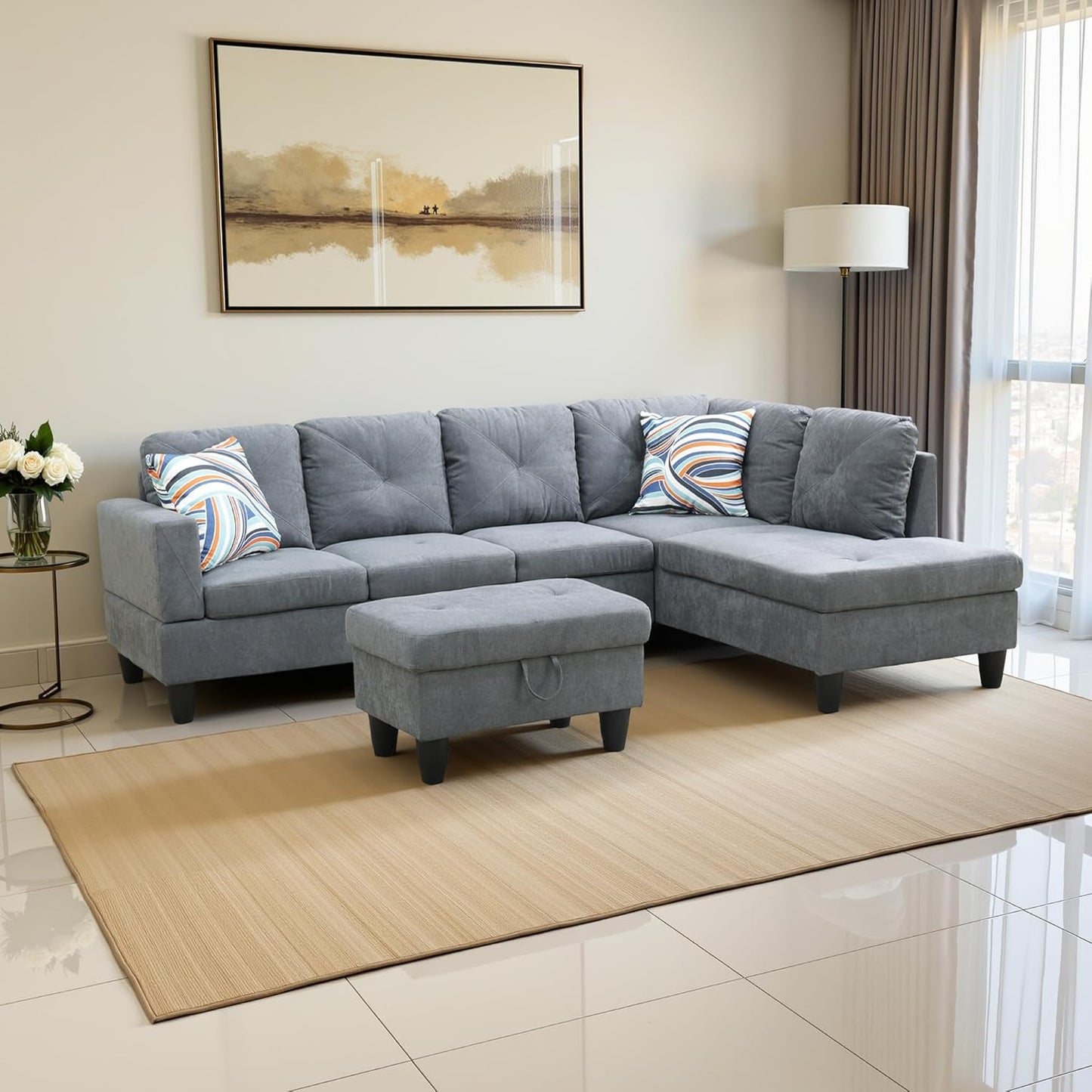 Couches for Living Room Modern L Shaped Couch Comfy Flannelette Fabric 3 Pieces Sectional Sofa with Chaise, Ottoman with Storage for Office and Small Apartment, Dark Grey