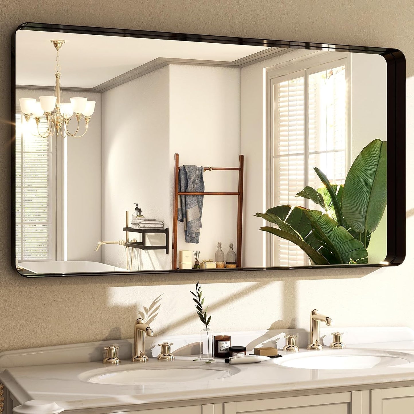 48"x30" Black Bathroom Mirror - Modern Black Mirror for Wall with Rounded Corners, Bathroom Mirrors for Vanity, Aluminum Alloy Framed Mirror Portrait or Landscape Hang