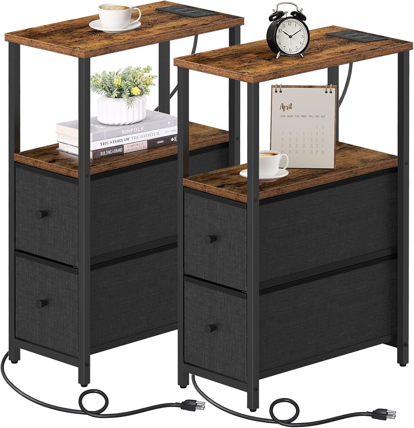 TUTOTAK Small Narrow End Table with Charging Station, Set of 2, Side Table with Outlets, Nightstand with 2 Cloth Drawers, Couch Table, for Living Room, Bedroom, Bedside, Brown and Black TB01BB055K