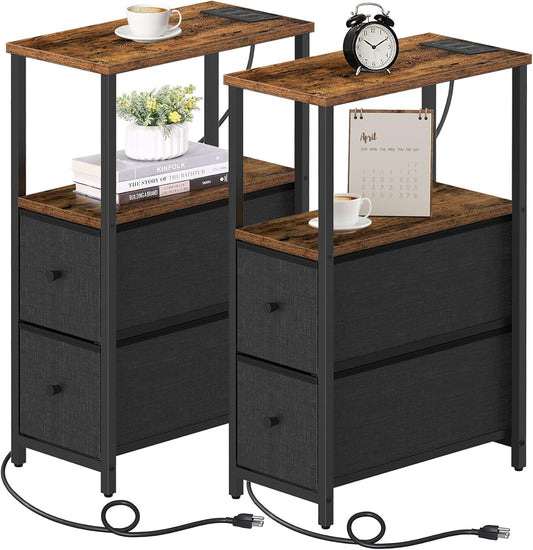 TUTOTAK Small Narrow End Table with Charging Station, Set of 2, Side Table with Outlets, Nightstand with 2 Cloth Drawers, Couch Table, for Living Room, Bedroom, Bedside, Brown and Black TB01BB055K