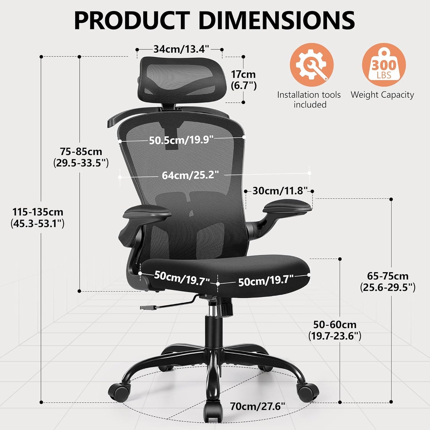 FelixKing Office Chair with Headrest, Ergonomic Desk Chair with Wheels, Task Swivel Comfy Chair with Adjustable Lumbar Support, Breathable Mesh Computer Chair with flip-up Armrests for Home (Black)
