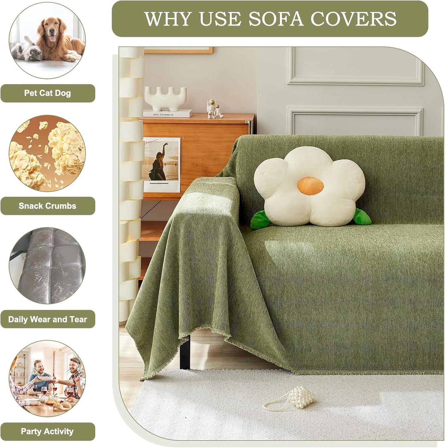 STACYPIK Matcha Green Sofa Cover Christmas Chenille Couch Covers Herringbone Sofa Covers for 3 Cushion Couch Thick Couch Covers Blanket Wear-Resistant Furniture Cover for Kids Dogs Decor-91X150IN