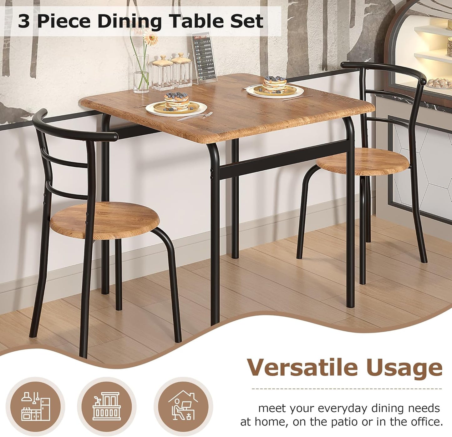 VECELO 3 Piece Dining Table & Chairs Set for 2, Metal and Wooden Square Kitchen Dinette Set for Small Space, Breakfast Nook, Saving Space, Brown