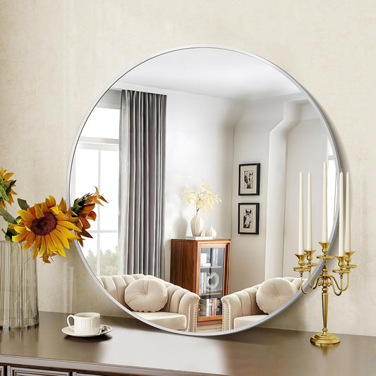 Silver Round Mirror, 39 Inch Wall Mounted Round Mirror, Aluminum Alloy Metal Frame Wall Mirror, Round Bathroom Mirror, Round Mirror for Bathroom, Entryway, Living Room, Large Mirror for Over Sink