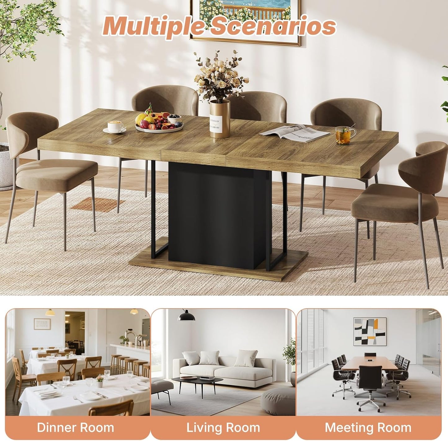 63"-78.7" Expandable Dining Tables, 6-10 Farmhouse Kitchen Table, Extendable Dining Room Table, Rectangular Thick Top with Metal Track, Central Column Base for Living Room, Office-Brown