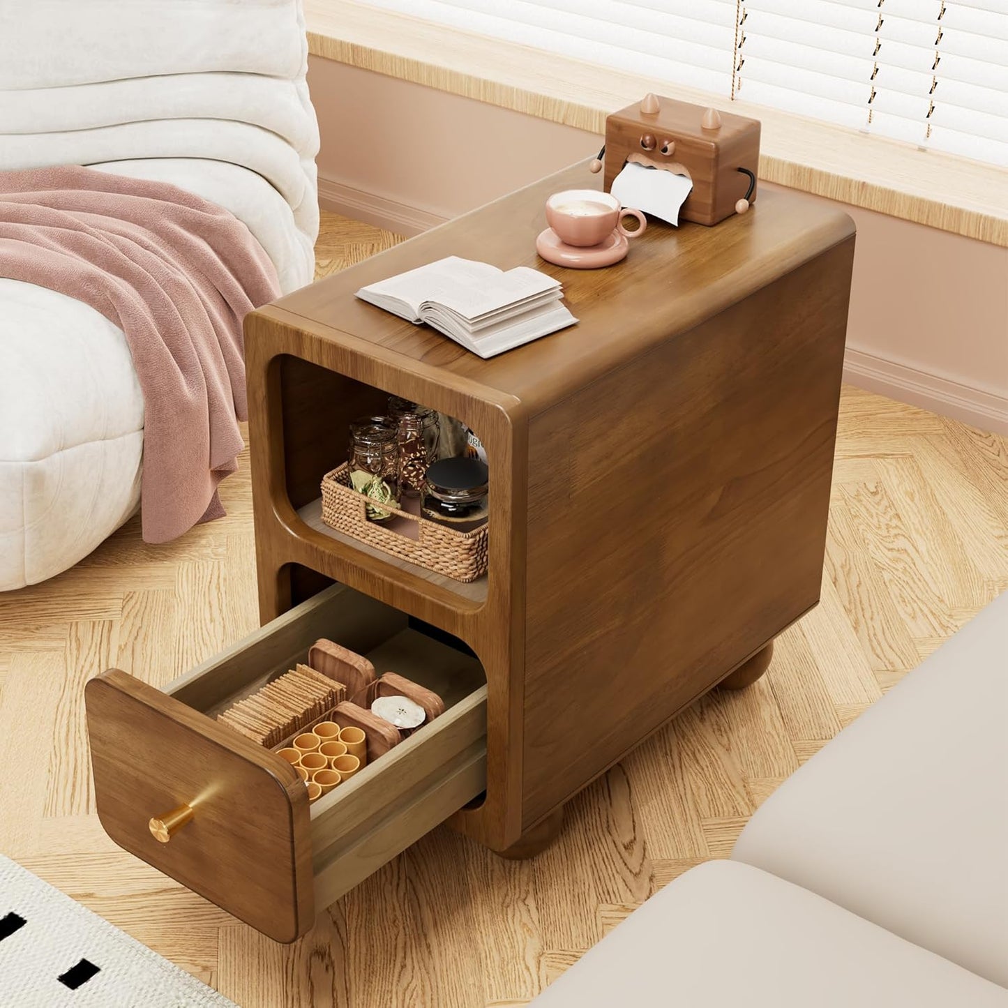 Solid Wood Nightstand, Narrow Night Stand with Drawers, Walnut Mid Century Modern Nightstand, Small Beside Table with Open Storage Shelf for Bedroom (10 inch)