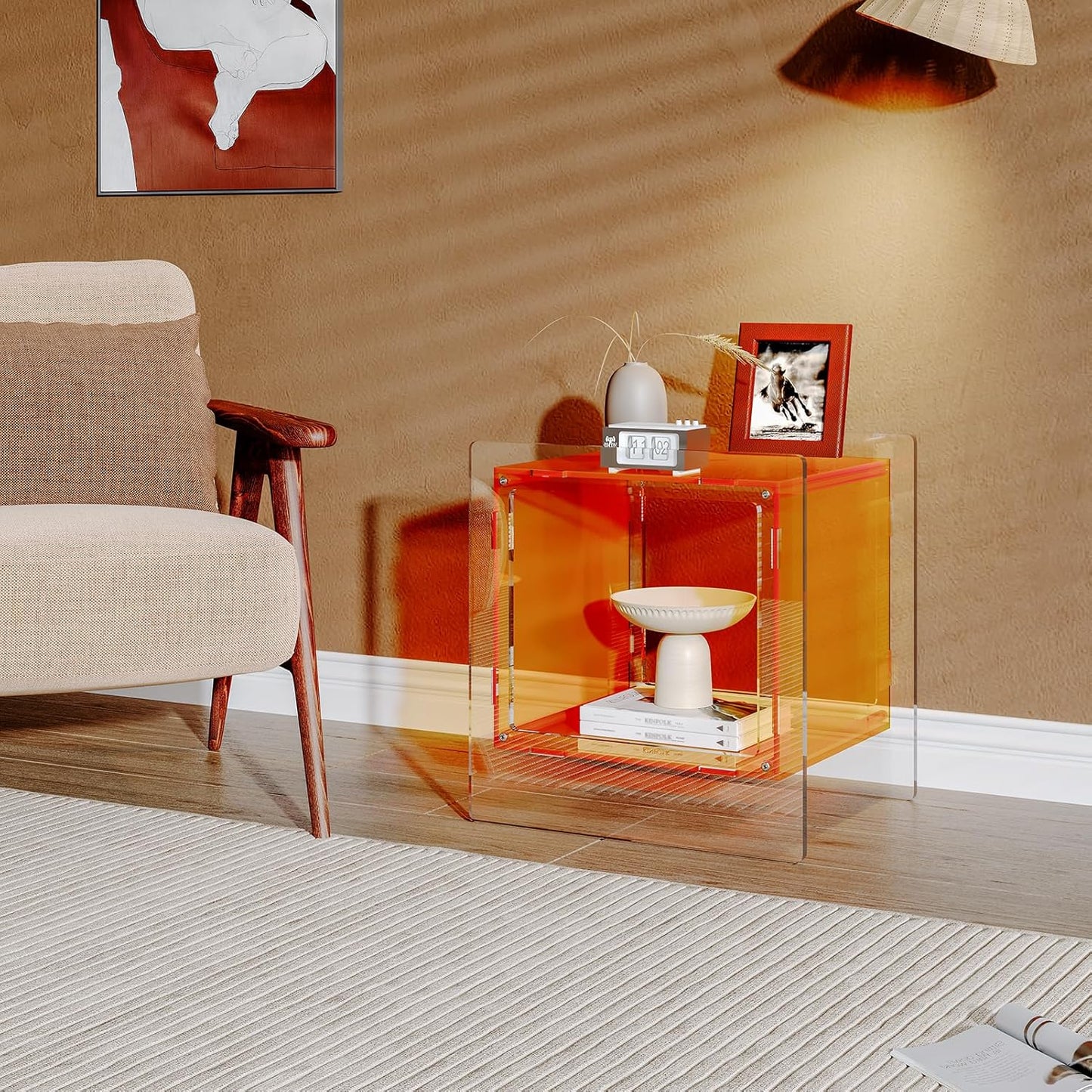 Acrylic Nightstand, Side Table, Record Player Table, End Table with Open Storage Shelf for Living Room, Bedroom, Home, Office Reception (Orange)