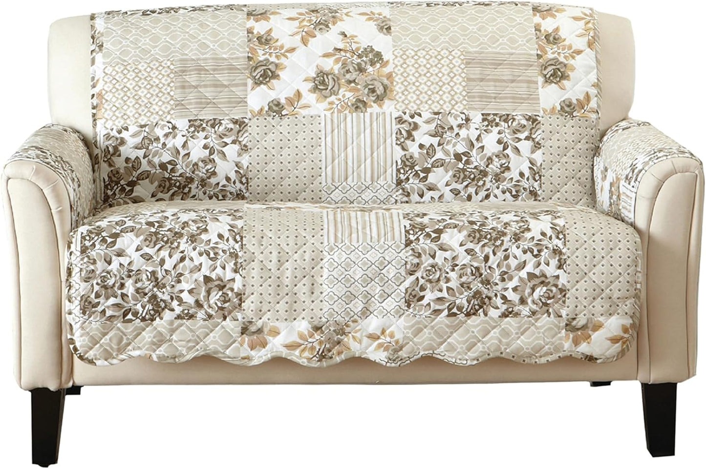 Great Bay Home Patchwork Scalloped Printed Furniture Protector Stain Resistant Loveseat Cover (Loveseat, Taupe)
