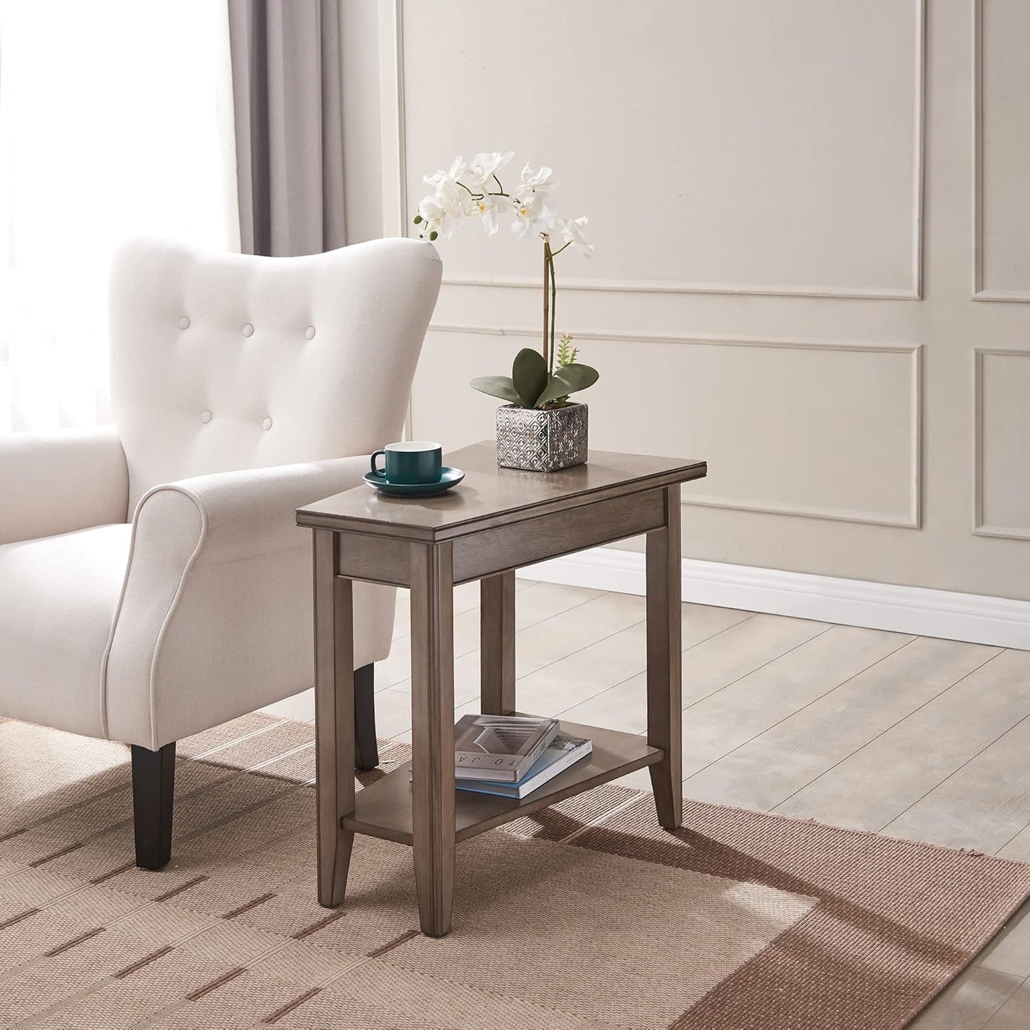 Laurent Recliner Wedge End Side Table with Shelf, Solid Wood, Smoke Gray, Perfect for Living Rooms, Bedrooms, and Small Spaces – Leick Home, 10502-GR