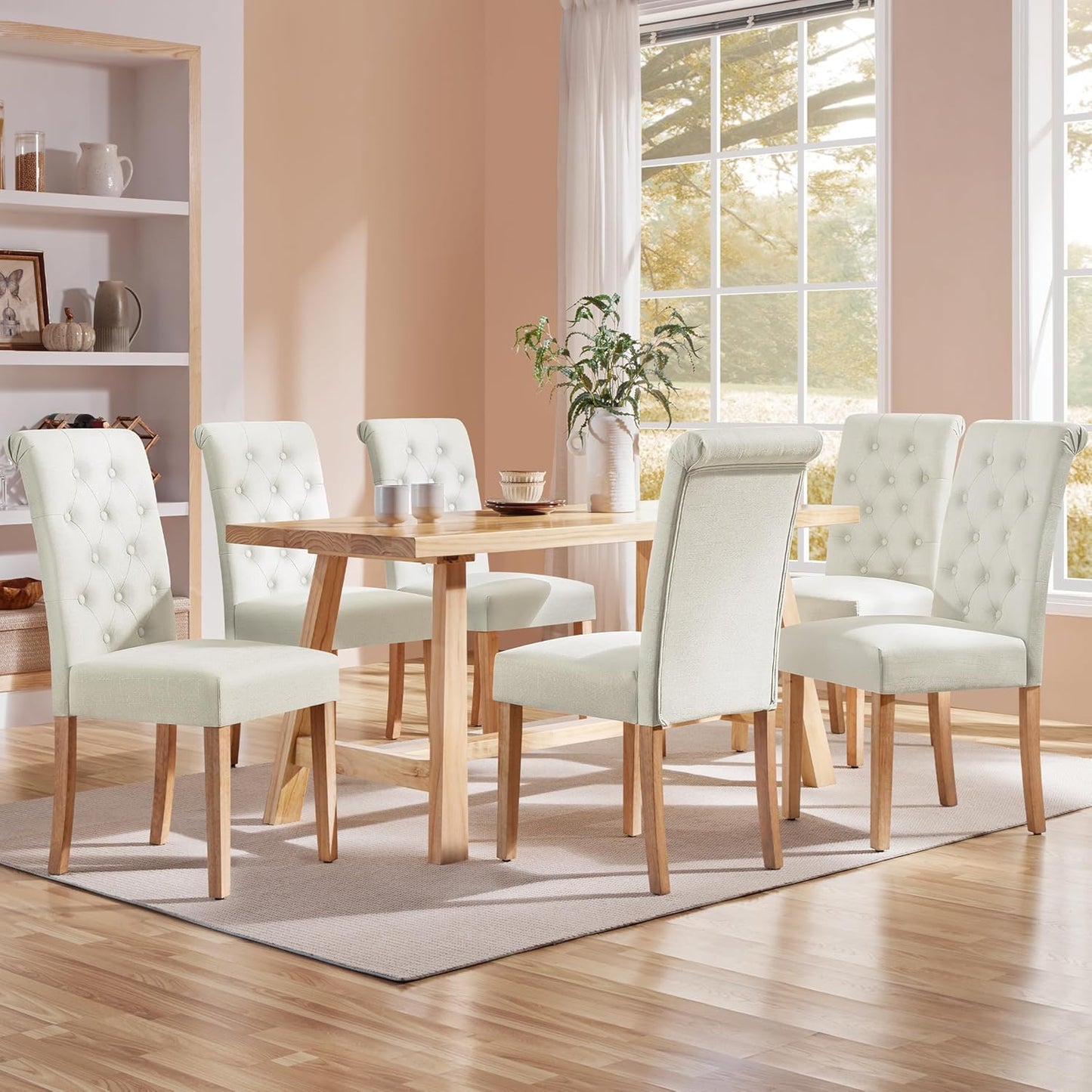 Yaheetech Dining Chairs Set of 6 Fabric Upholstered Dining Room Chairs with Button Tufted High Back and Solid Wood Legs for Kitchen/Living Room/Restaurant, Modern Style, Beige