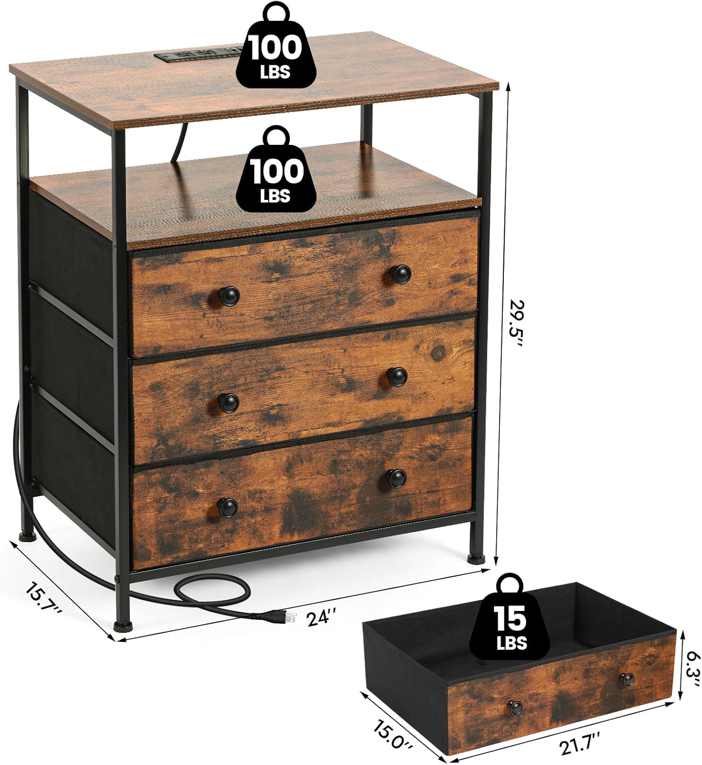 3 Drawers Dresser with Charging Station, 24 Inch Wide LED Night Stand with Adjustable Fabric Drawer, Nightstand with Storage Shelf for Living Room/Bedroom/Office, Rustic Brown.