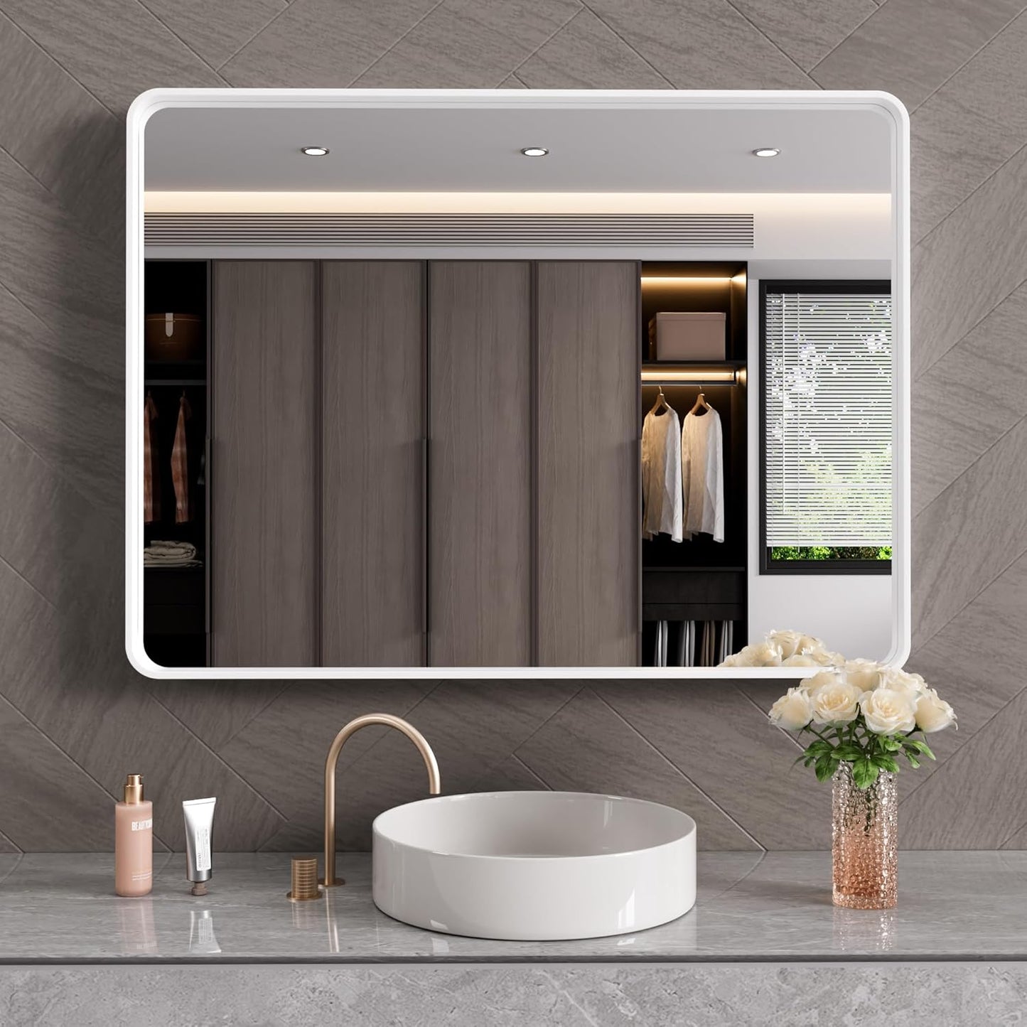 White Bathroom Mirror 40x32 Inch, White Metal Framed Bathroom Mirror for Wall, Rounded Rectangle Matte Bathroom Vanity Mirror, Tempered Glass, Anti-Rust, Horizontal/Vertical