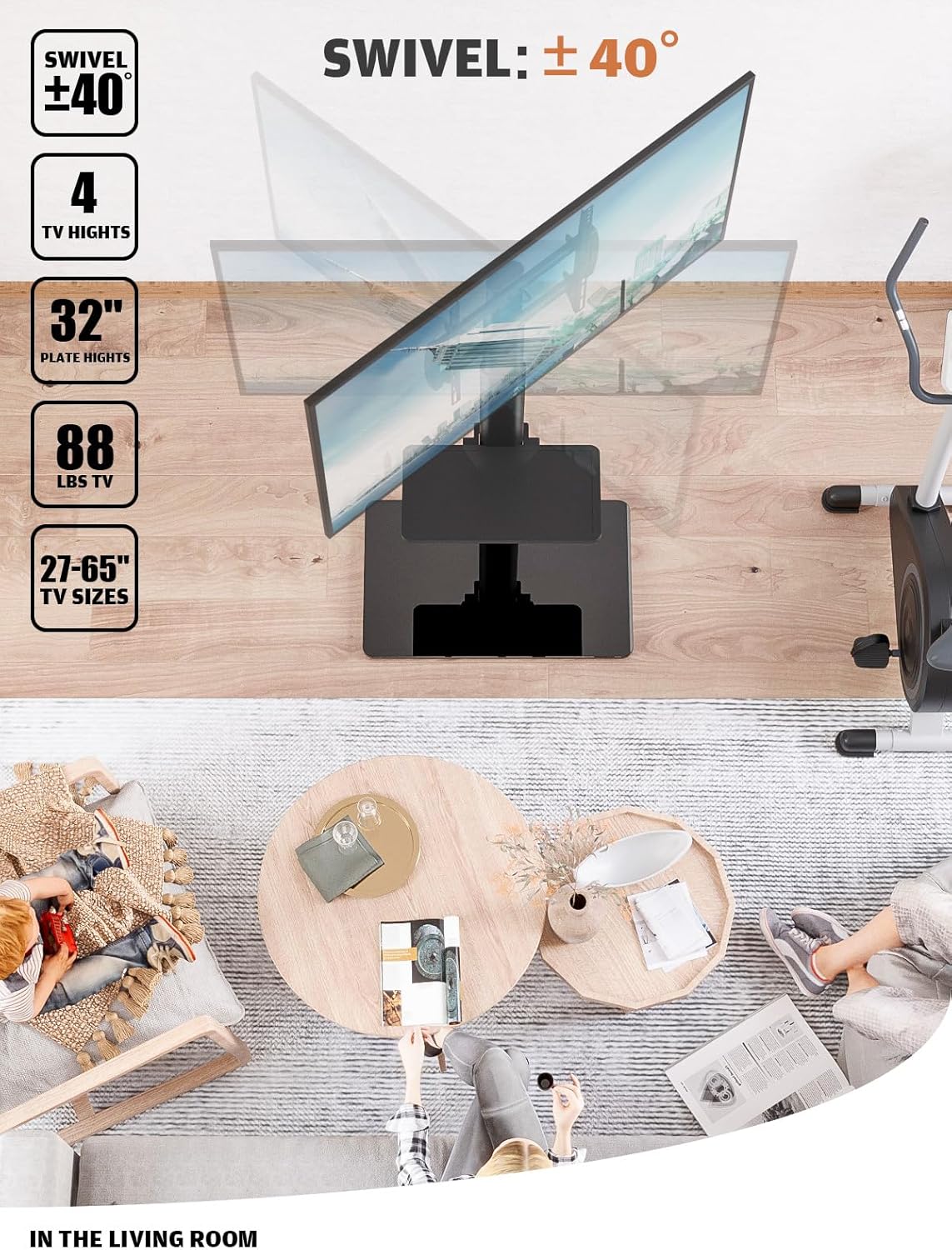 Universal Floor TV Stand with Mount 80 Degree Swivel Height Adjustable and Space Saving Design for Most 27 to 65 inch LCD, LED OLED TVs, 2 Shelves Perfect for Corner & Bedroom HT2002B