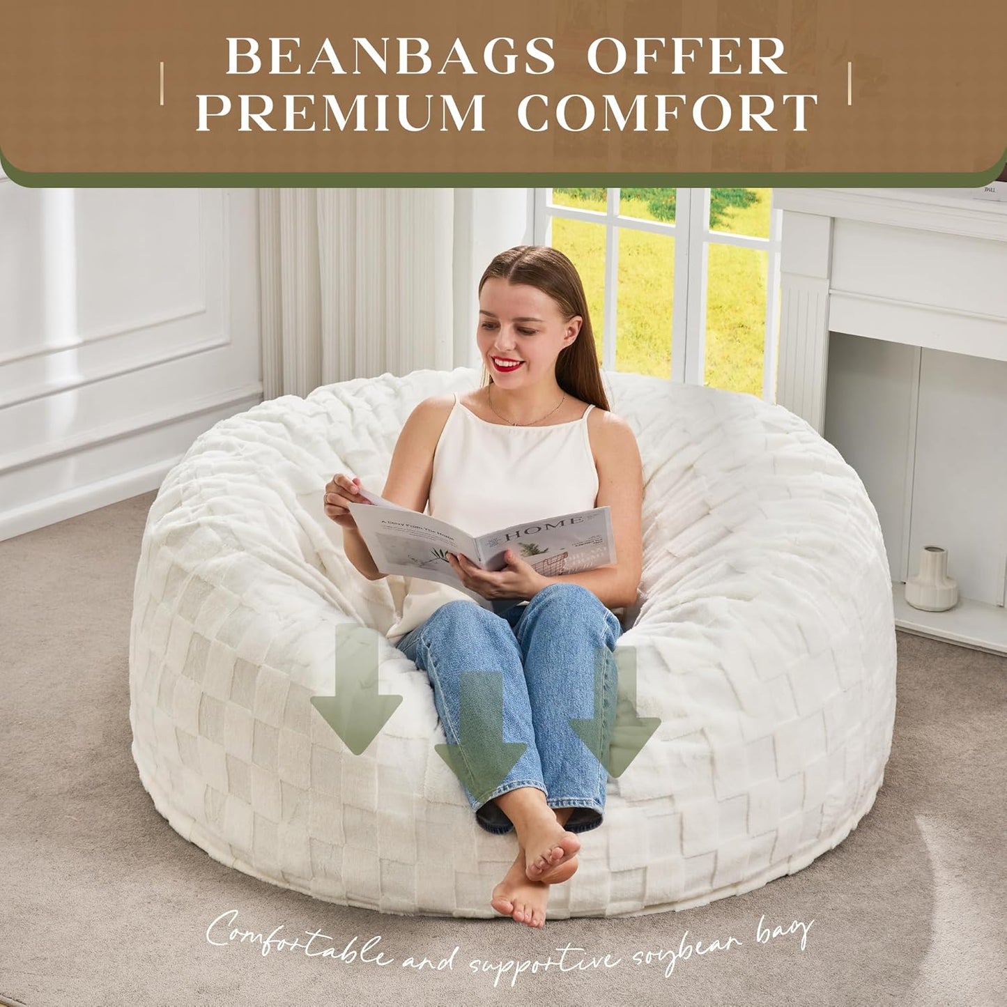 Hobestluk Bean Bag Chairs Beanbag Chair with Filler Adult Bean Bags with Fluffy Cover, Giant Bean Bag Chairs for Adults for Living Room, Bedroom (White, 4FT - 44” x 44” x 24”)