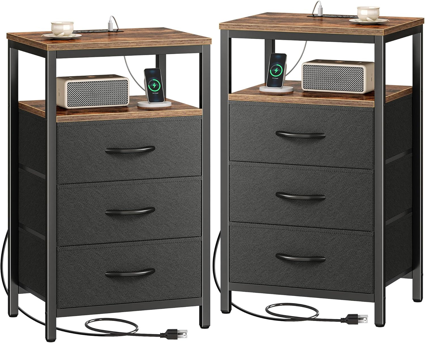 Huuger Nightstands Set of 2, 27.6 Inch End Tables with Charging Station, Fabric Drawers, Bedside Tables with USB-C Port and Outlet, Night Stands for Bedroom, Rustic Brown and Black
