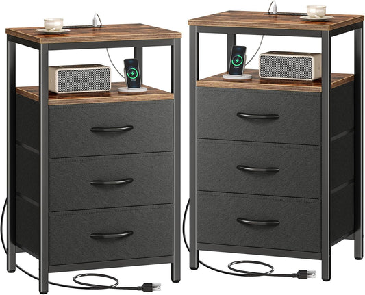 Huuger Nightstands Set of 2, 27.6 Inch End Tables with Charging Station, Fabric Drawers, Bedside Tables with USB-C Port and Outlet, Night Stands for Bedroom, Rustic Brown and Black