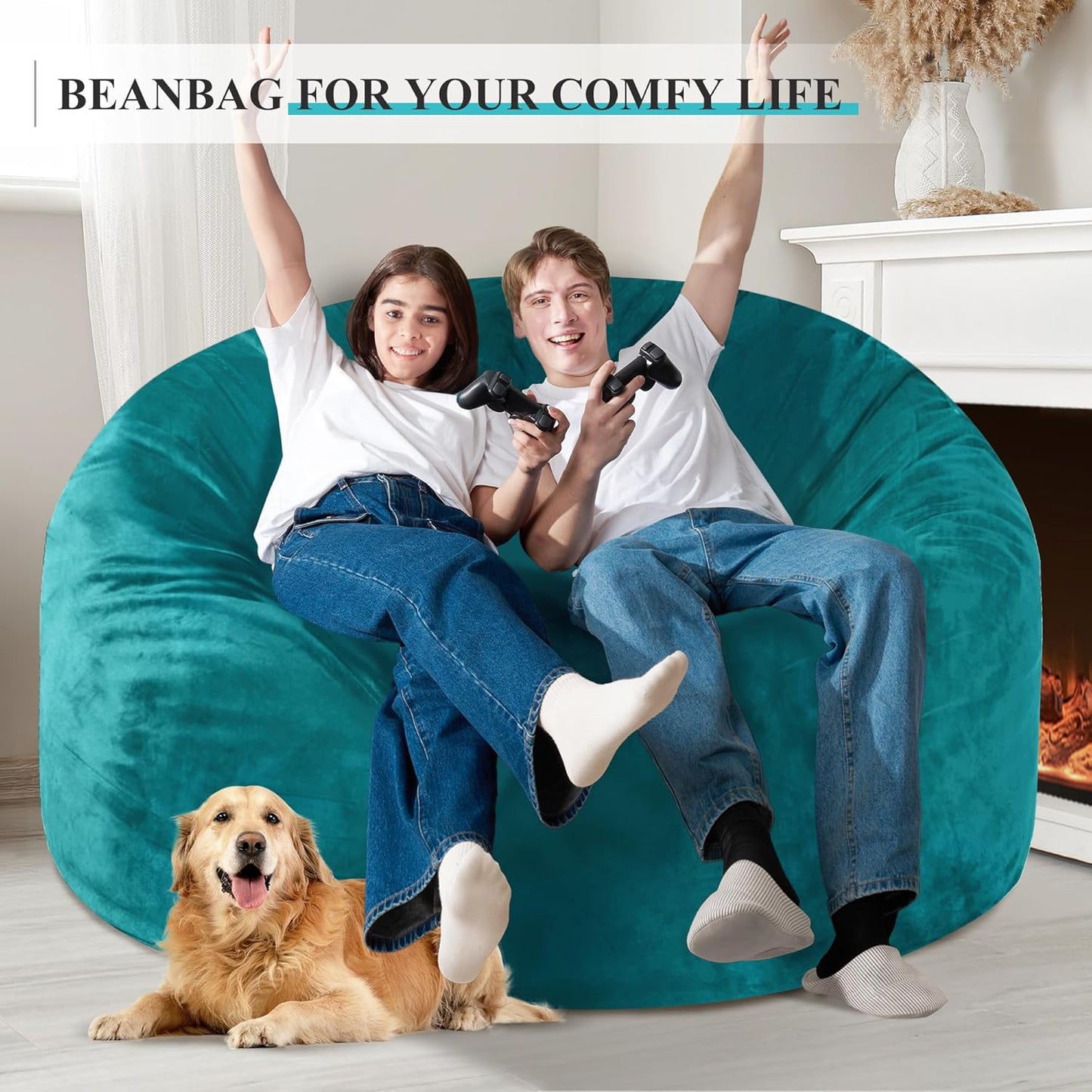 Homguava 5 FT Bean Bag Chair: 5' Bean Bags with Memory Foam Filled, Large Beanbag Chairs Soft Sofa with Dutch Velvet Cover-Sea Blue