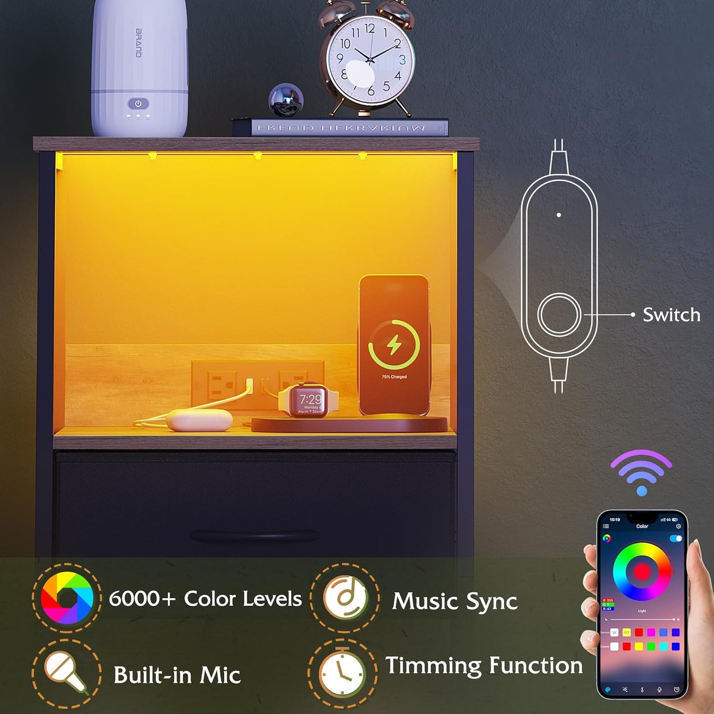 WLIVE LED Nightstand, Night Stand with Charger Station, Bedside Table with Fabric Drawer and Adjustable Open Shelves, Small End Side Tables for Bedroom, Grey