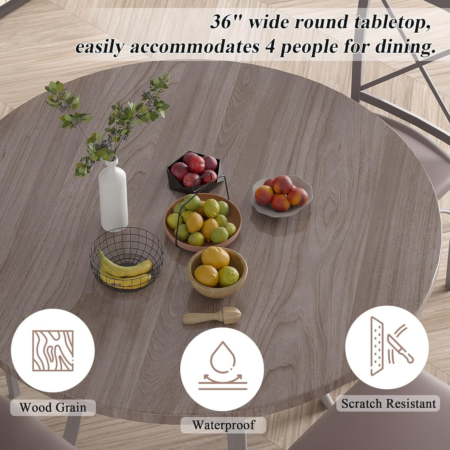 VECELO 36" Round Dining Table for 4, Wood Grain Dinette with Metal Frame for Kitchen, Apartment, Home, Space-Saving, Elegant Grey