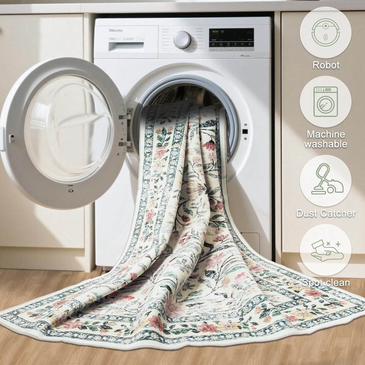 Area Rugs 9x12 Living Room: Floral Washable Rug Vintage Large Soft Boho Non-Slip Carpet Indoor Stain Resistant Low Pile Carpets for Bedroom Dining Room Farmhouse Nursery Home Office Green Beige