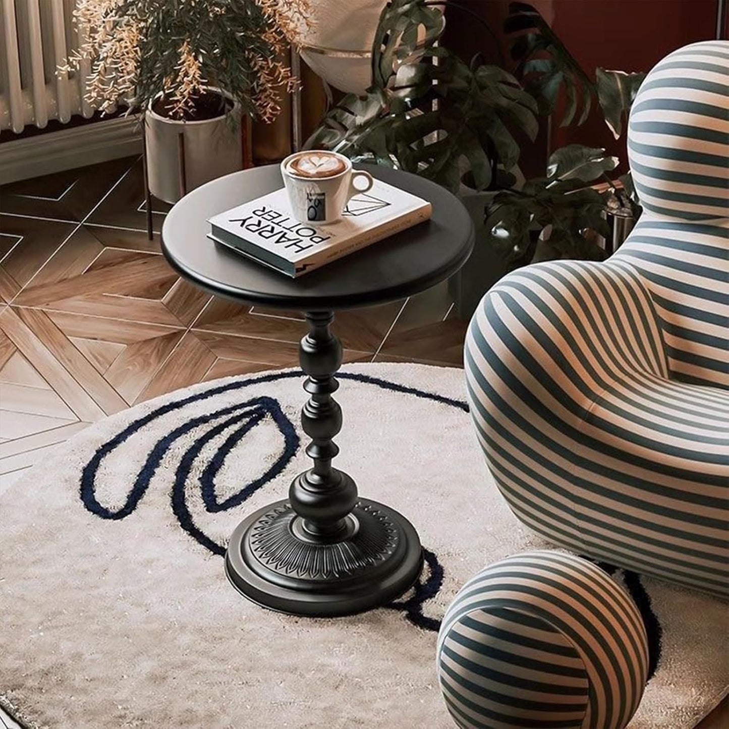 Chic Vintage Round Side Table with Elegant Roman Columns - Sturdy Metal Construction, Perfect for Coffee, End, Tea, or Leisure Use in Living Room or Bedroom Decor (Black Small 1 Pack)