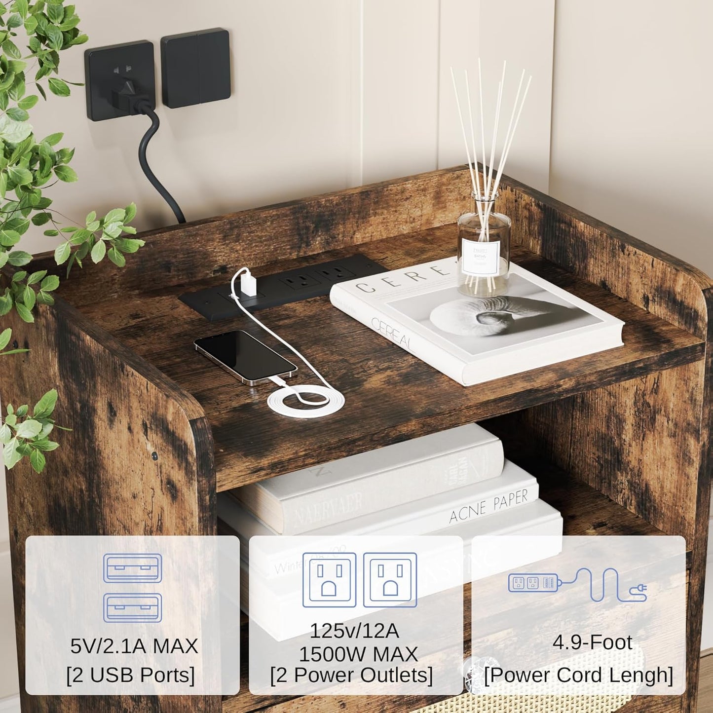 Nightstands/Beside Table Set of 2 with Charging Station, End Table with Diamond Handle and Rattan-Style Drawer, Rustic Brown