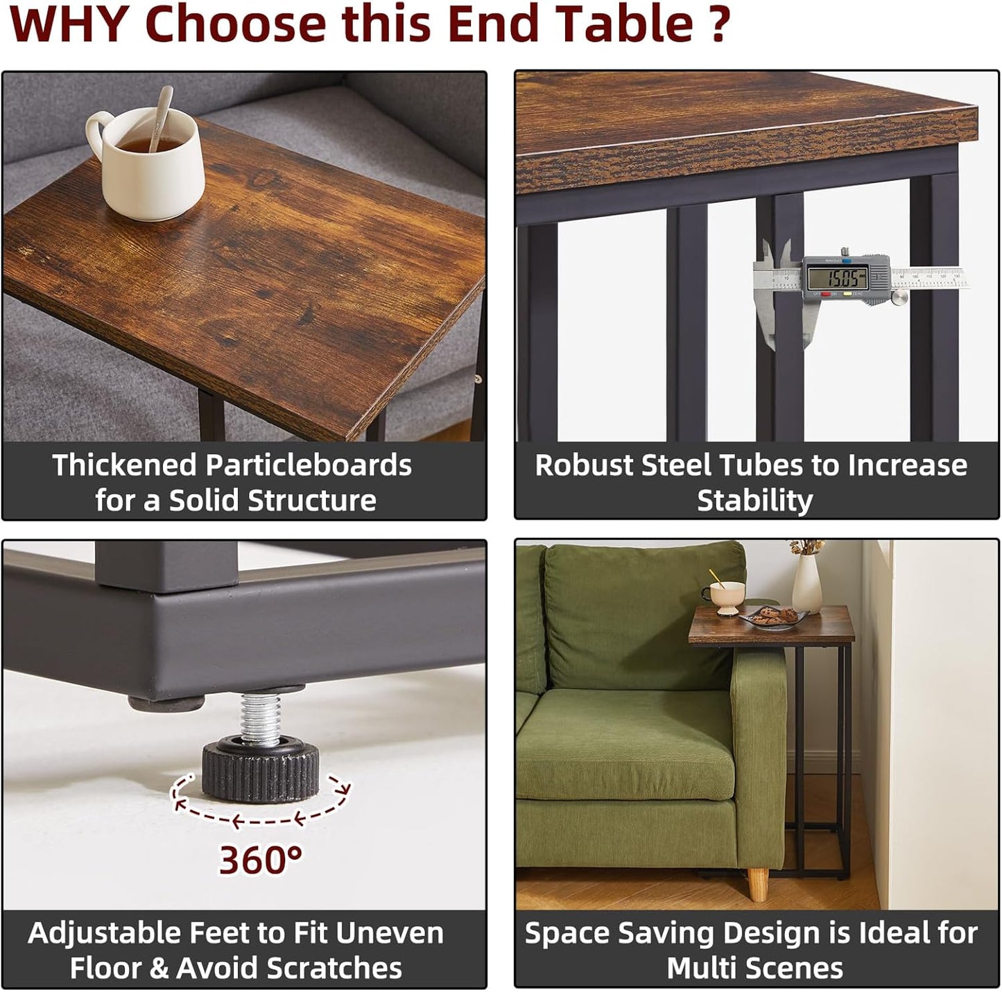 Side Table Small End Table C Shaped, Slide Under Laptop Desk for Couch, Living Room Side Table, TV Trays for Eating on Couch, Rustic Brown+Black YD-TM051HB