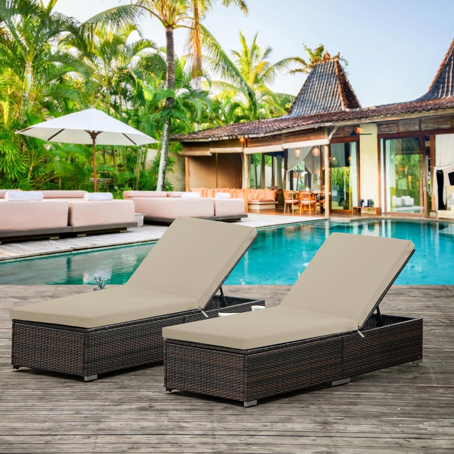 Chaise Lounge Cushions Outdoor Set of 2 - Waterproof and Fade Resistant Sun Lounger Replacement Cushion - Patio Lounger Pads with Removable Cover for Pool, Deck, Lawn, 80 x 26 x 3 Inch, Cream