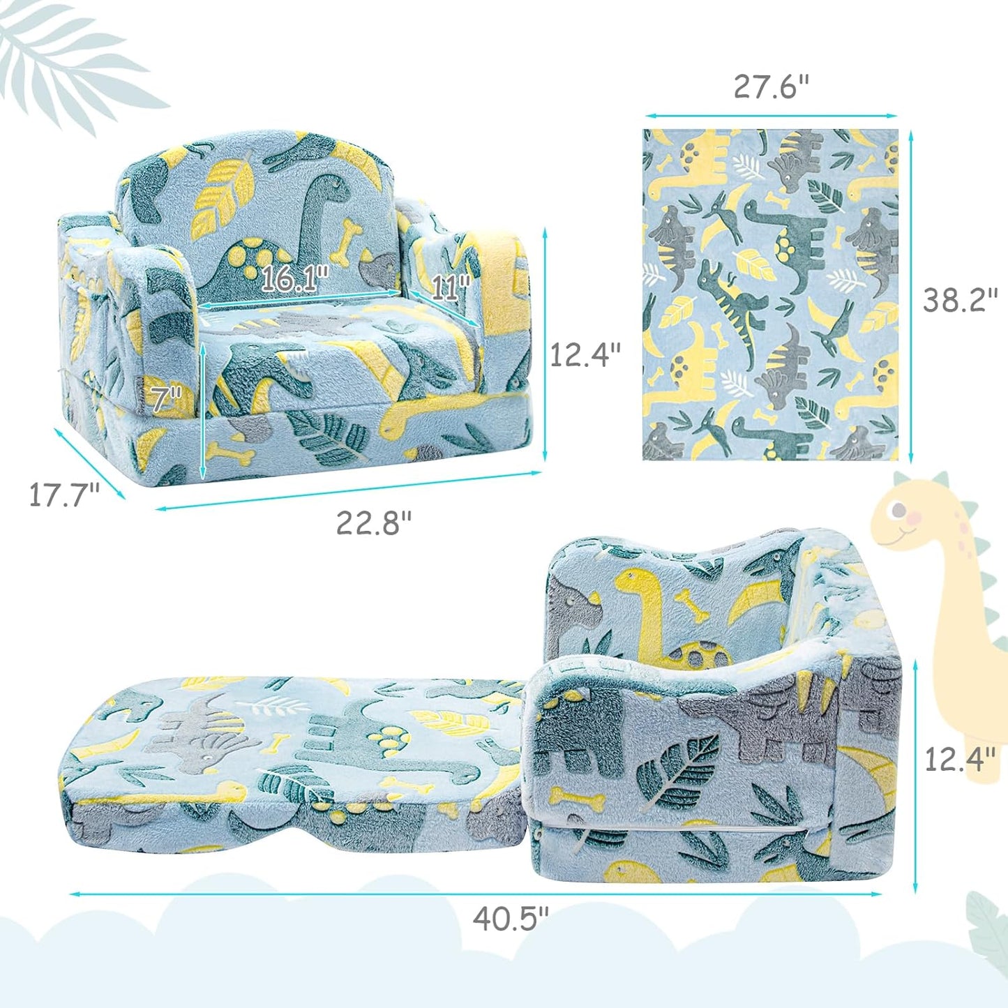 Comfy Toddler Chair and Couch for Kids with Blanket,2-in-1 Soft Plush Fold Out Toddler Couch for Girls and Boys,Convertible Sofa to Lounger for Playroom,Glowing Dinosaur