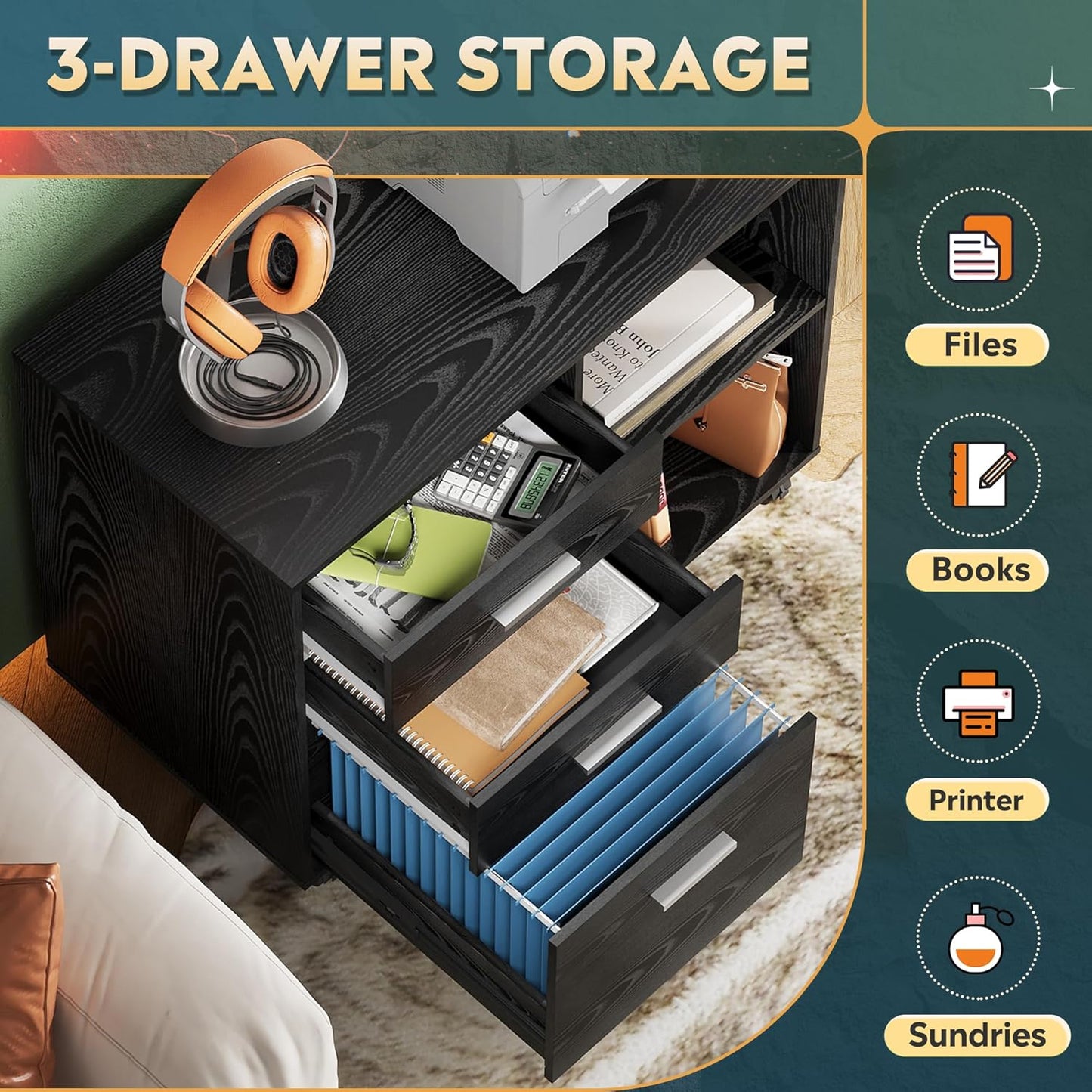 DEVAISE 3 Drawer Mobile File Cabinet, Wood Lateral Filing Cabinet, Printer Stand with Open Shelves for Home Office, Black