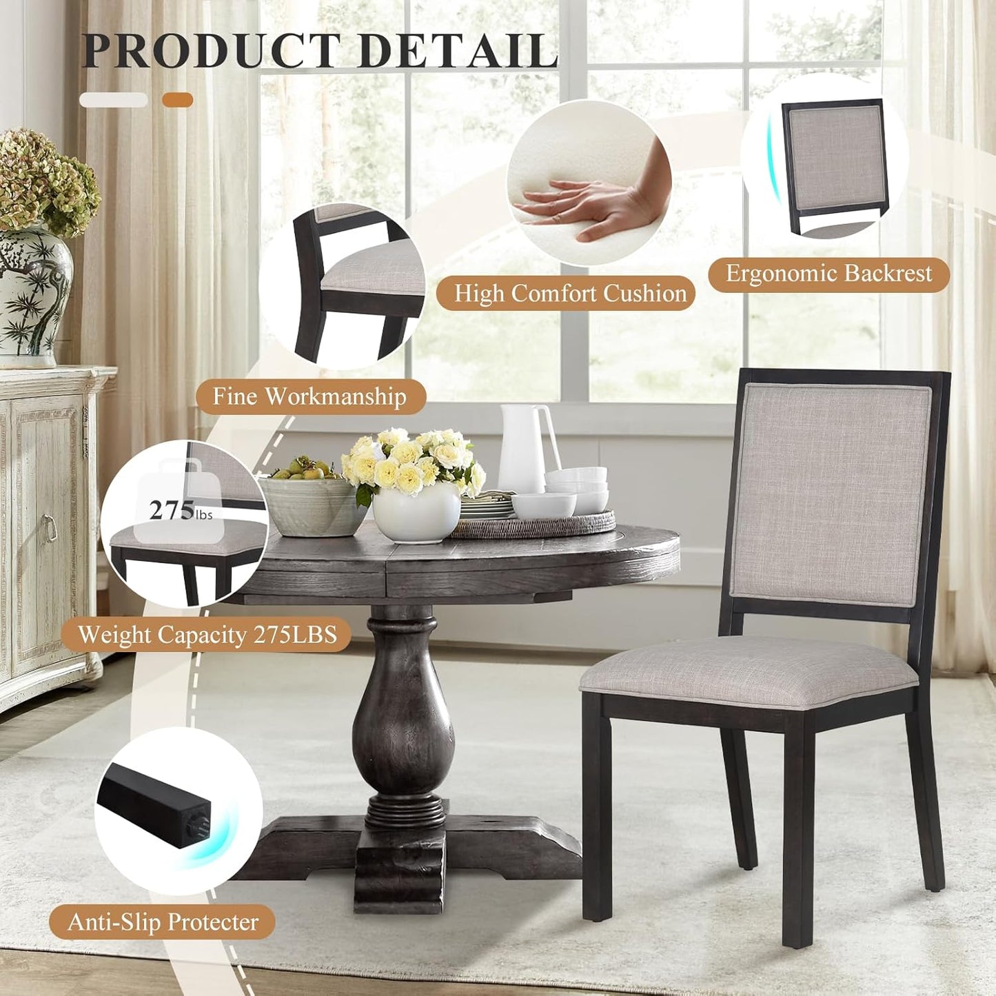 COLAMY Wood Dining Chairs Set of 2, Mid Century Modern Upholstered Kitchen Chairs,19 Inch Fabric Dining Chair with Back for Kitchen Dining Room,Brown