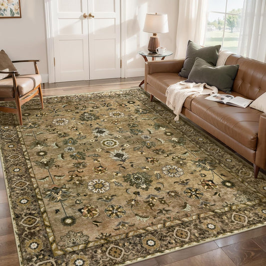 Tangsoo 4x6 Floral Vintage Rug for Living Room, Washable Vintage Area Rug Indoor, Non Slip Brown Rug for Dining Room, Soft Low Pile Rugs, Print Foldable Carpet for Dorm Living Room Bedroom