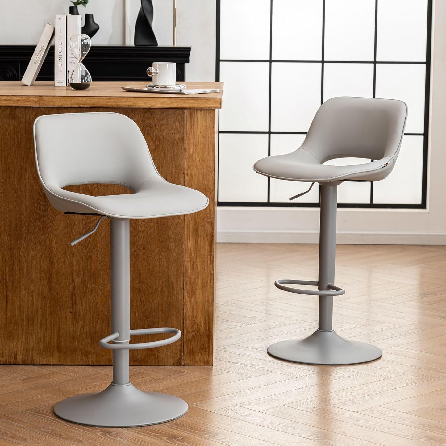 YOUNIKE Bar Stools Set of 2 All Grey Swivel Barstools, Adjustable Counter Height Bar Stools Faux Leather Upholstered Counter Stools with Hollow Back for Kitchen Island