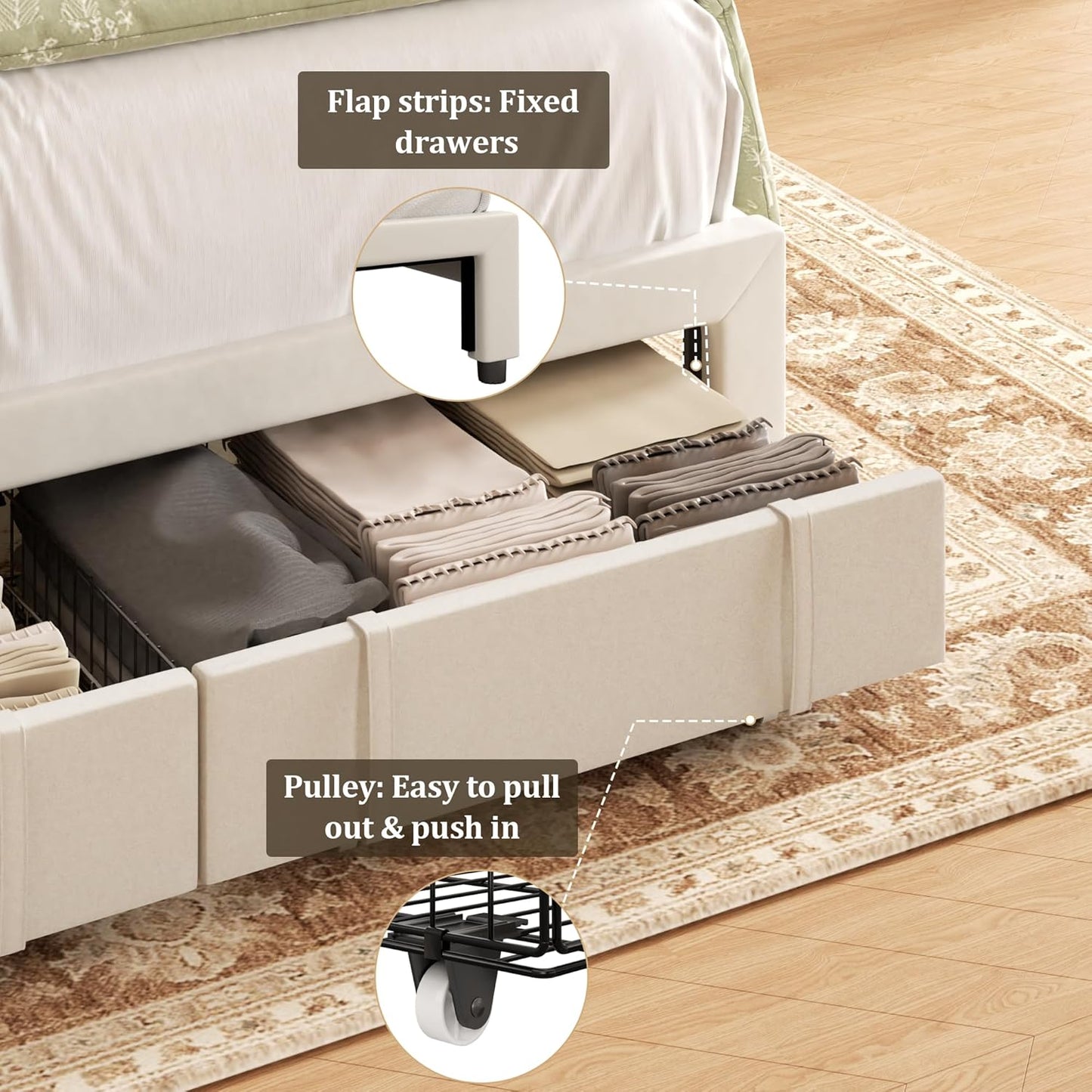 Queen Bed Frame with Storage Drawers, Upholstered Platform Bed with Headboard and Wingboard, No Box Spring Needed, Noise Free, Easy Assembly, Wooden Support Slats, Beige